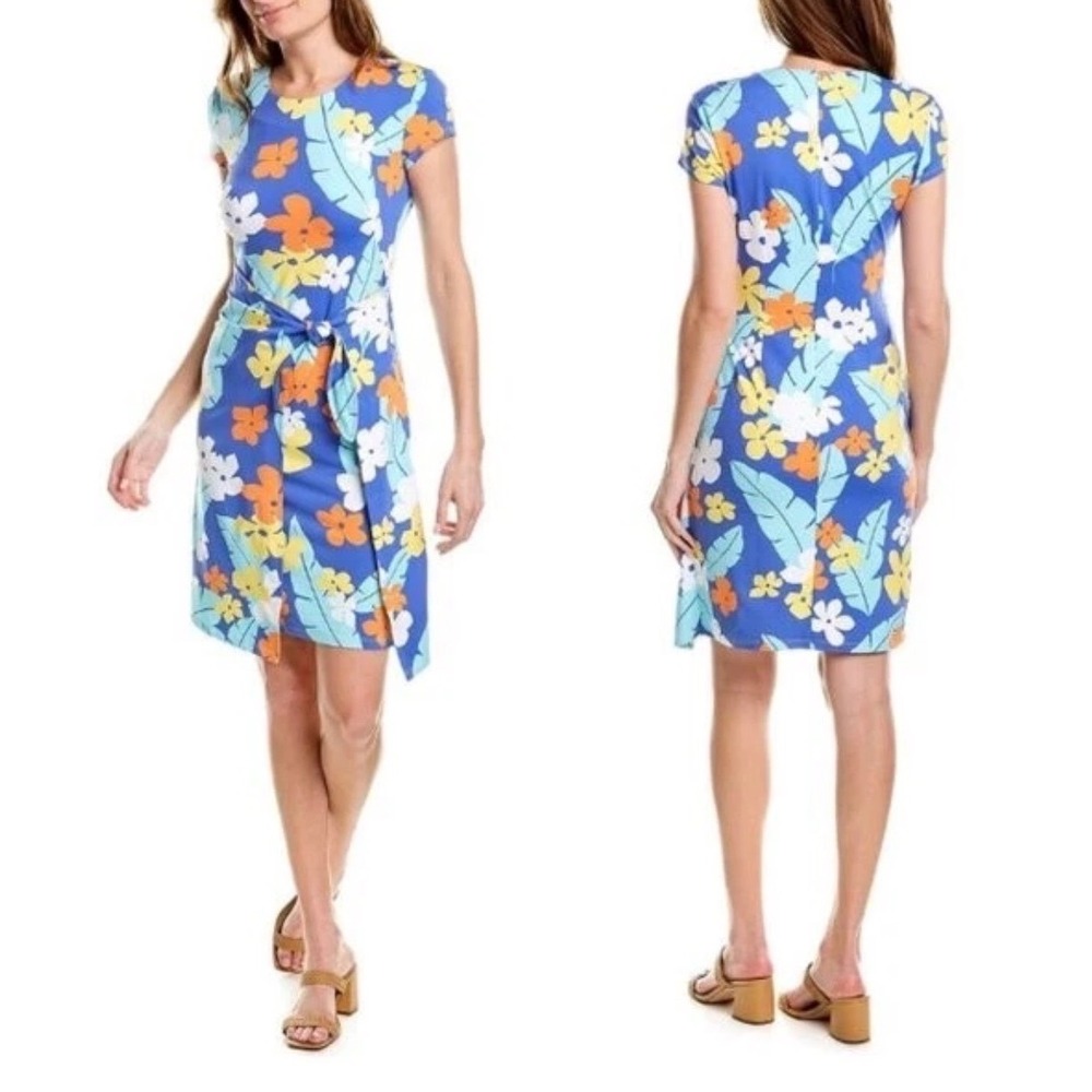 J.McLaughlin Floral Wrap Dress Womens Medium Blue Tropical Summer Resortwear